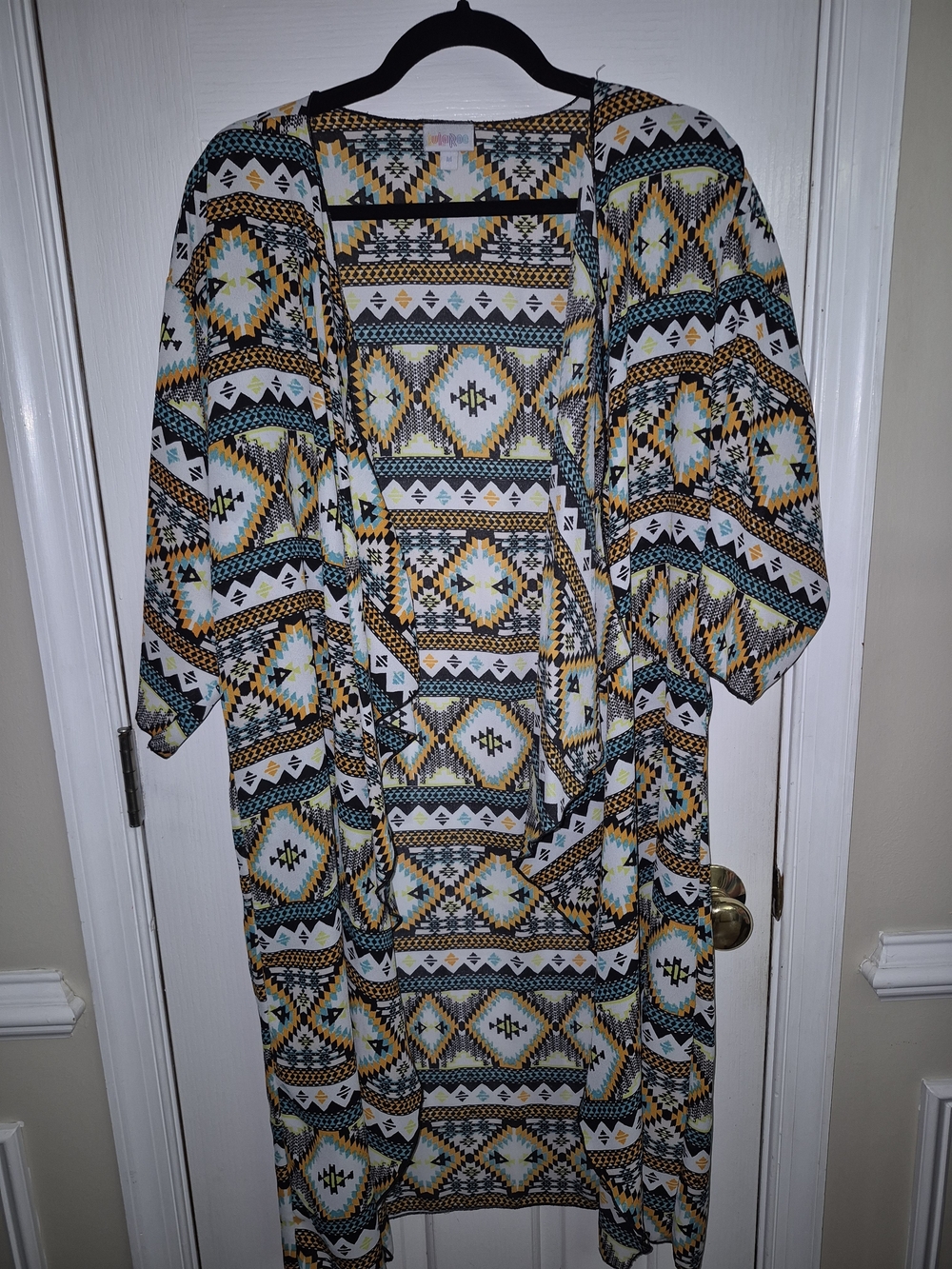 LuLaRoe Open Front Kimono in Teal, Yellow, Black & White Tribal Print